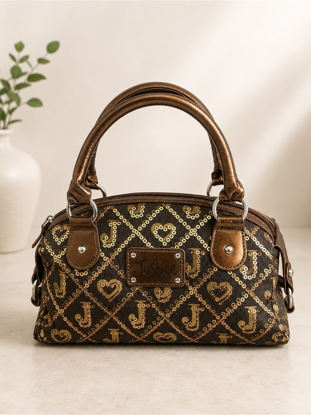 Vintage Y2K Justice Brown Gold Sequin Monogram Mini Bowler Satchel Handbag